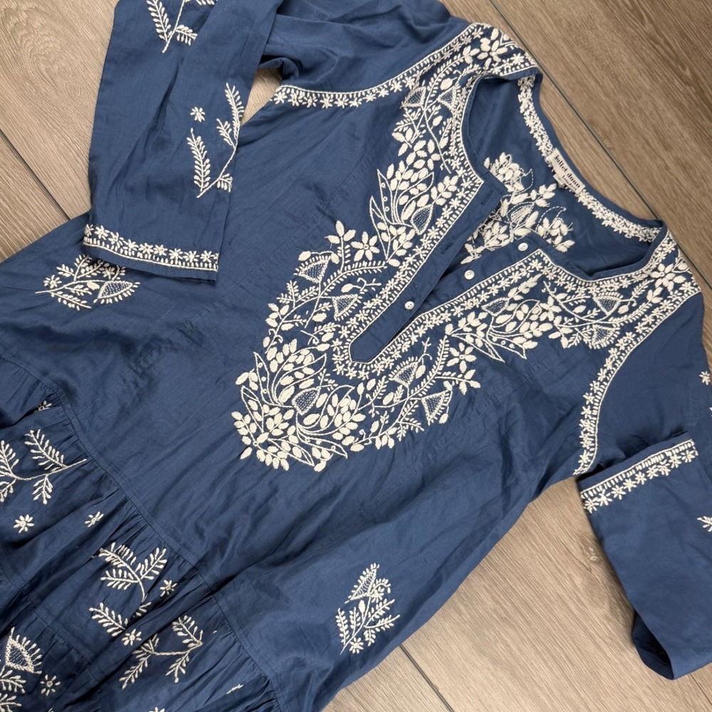 Juliet Dunn Womens Mini Dress Embroidered Cotton Tiered Boho Blue Size 2